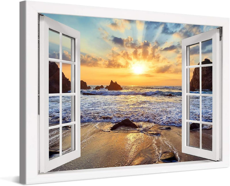 PICANOVA – Bild auf Leinwand Felsiger Strand Sonnenuntergang Fenster 60x40cm – Leinwandbild – Premiu