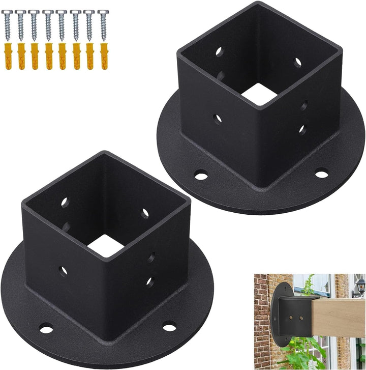 VANROUG 2Pcs 2x2 Square Fence Pole Flange Base Pergola Post Base Brackets kit,Heavy Duty Black Wall