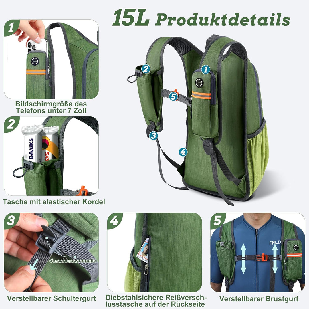 BECOJADDE 15L Wanderrucksack Herren Kleiner Rucksack Damen Leichter Daypack Tagesrucksack Faltbarer