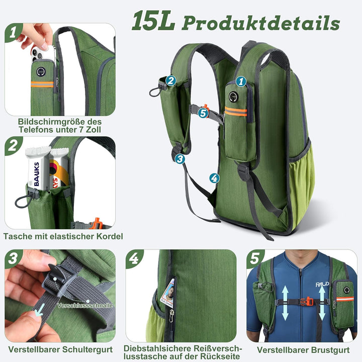 BECOJADDE 15L Wanderrucksack Herren Kleiner Rucksack Damen Leichter Daypack Tagesrucksack Faltbarer