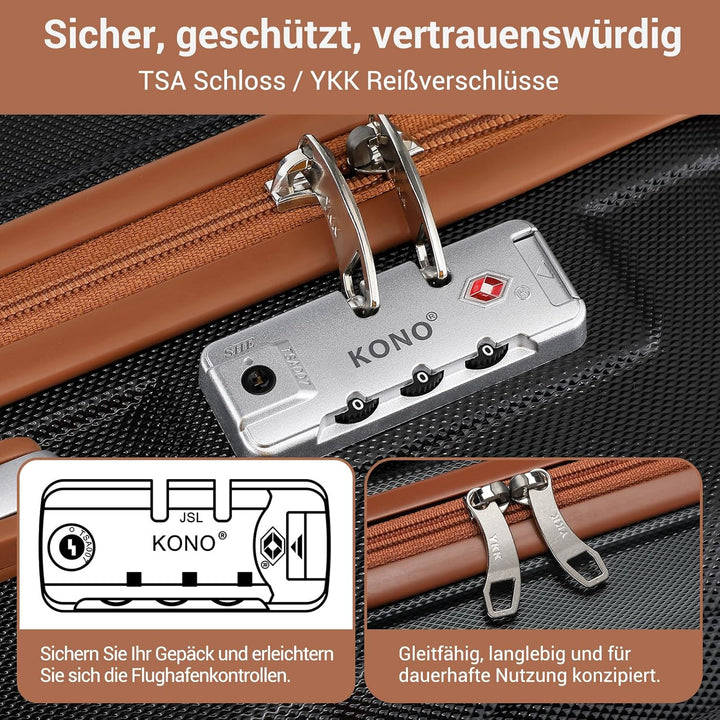 KONO Koffer Trolley Reisekoffer aus ABS+PC – Leichter Hartschalenkoffer mit 4 Zwillingsrollen und TS