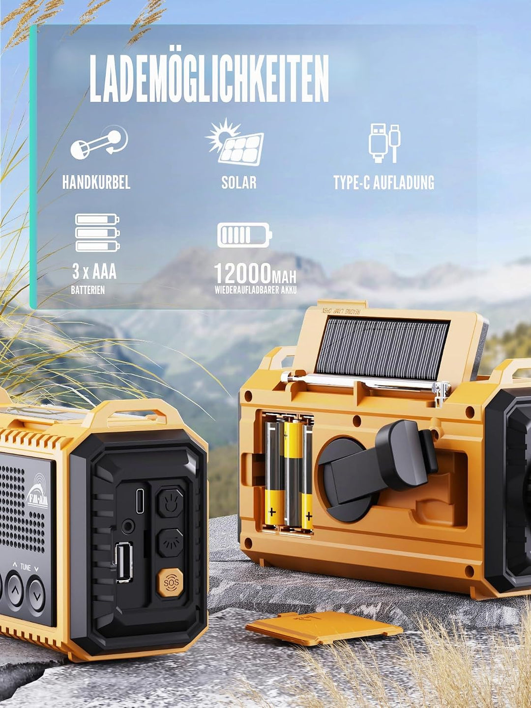 Notfallradio | 12000mAh Powerbank | Kurbelradio |Solar Radio mit Weltempfänger | AM/FM/SW, SOS, USB-