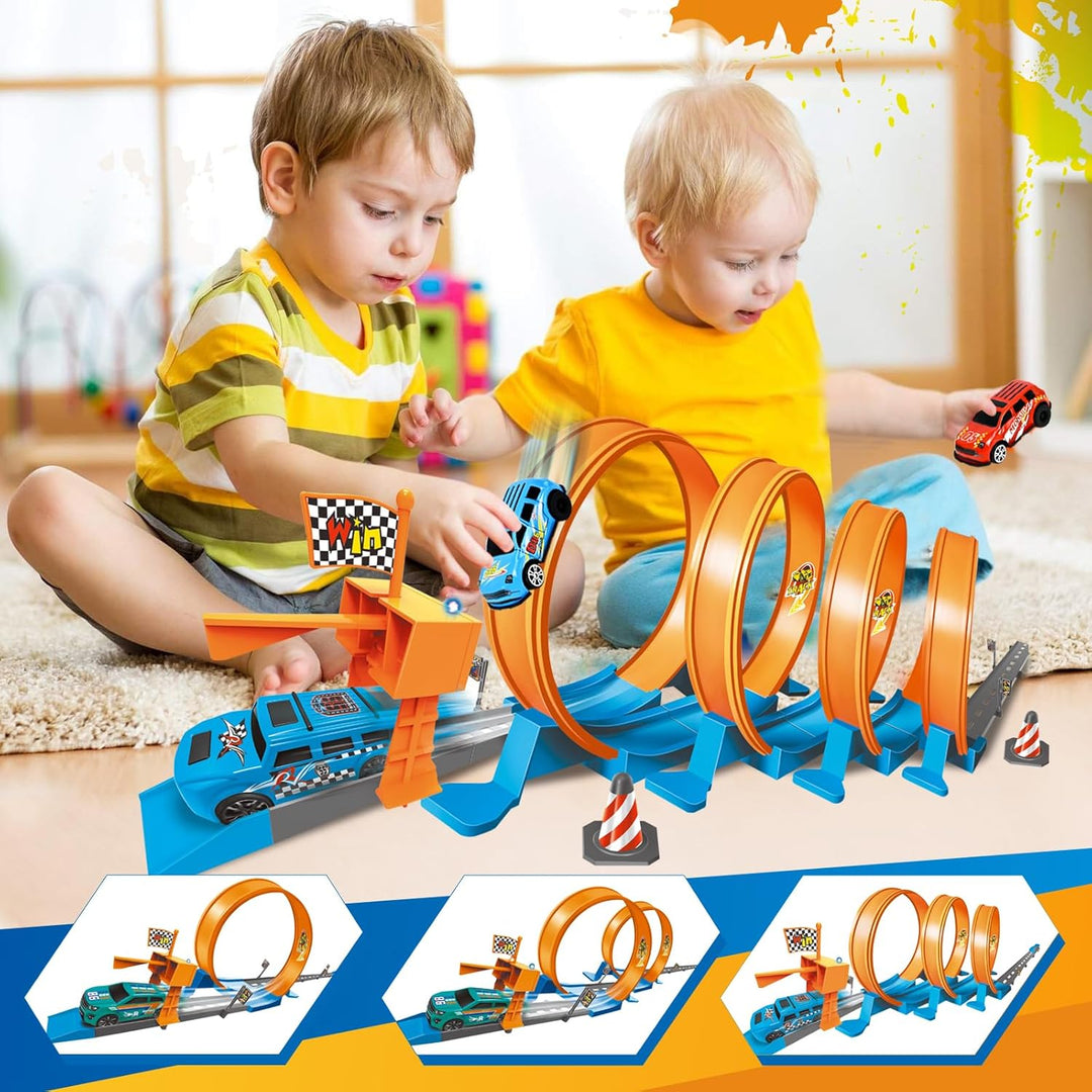 Ulikey Autorennbahn Kinder, Spielzeugauto Trackset mit Licht und Sound, Auto Rennbahn Spielzeug mit