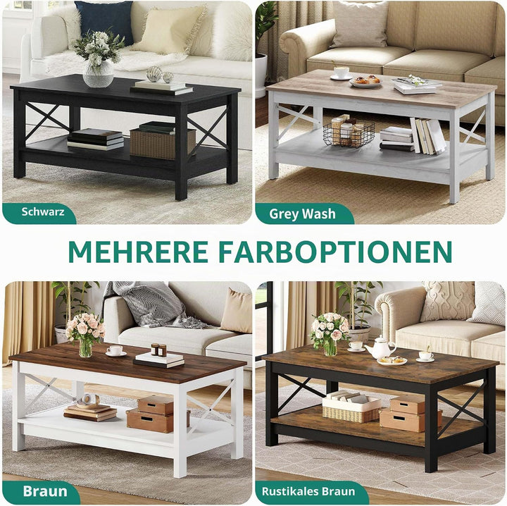 YITAHOME Couchtisch, Wohnzimmertisch, 2-stöckiger Dicker Holz Rechteckiger Couchtisch, X-Form Metal