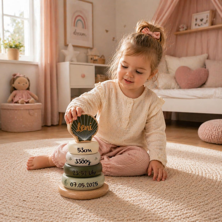 Personalisierbarer Holz-Stapelturm Olive – fördert Feinmotorik & Koordination – für Kinder ab 12 Mon