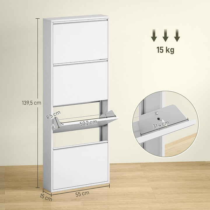 HOMCOM Schuhschrank Metall mit 4 Klappen Schuhkipper Schmal Schuhkommode Schuhregal Schuhablage Wand