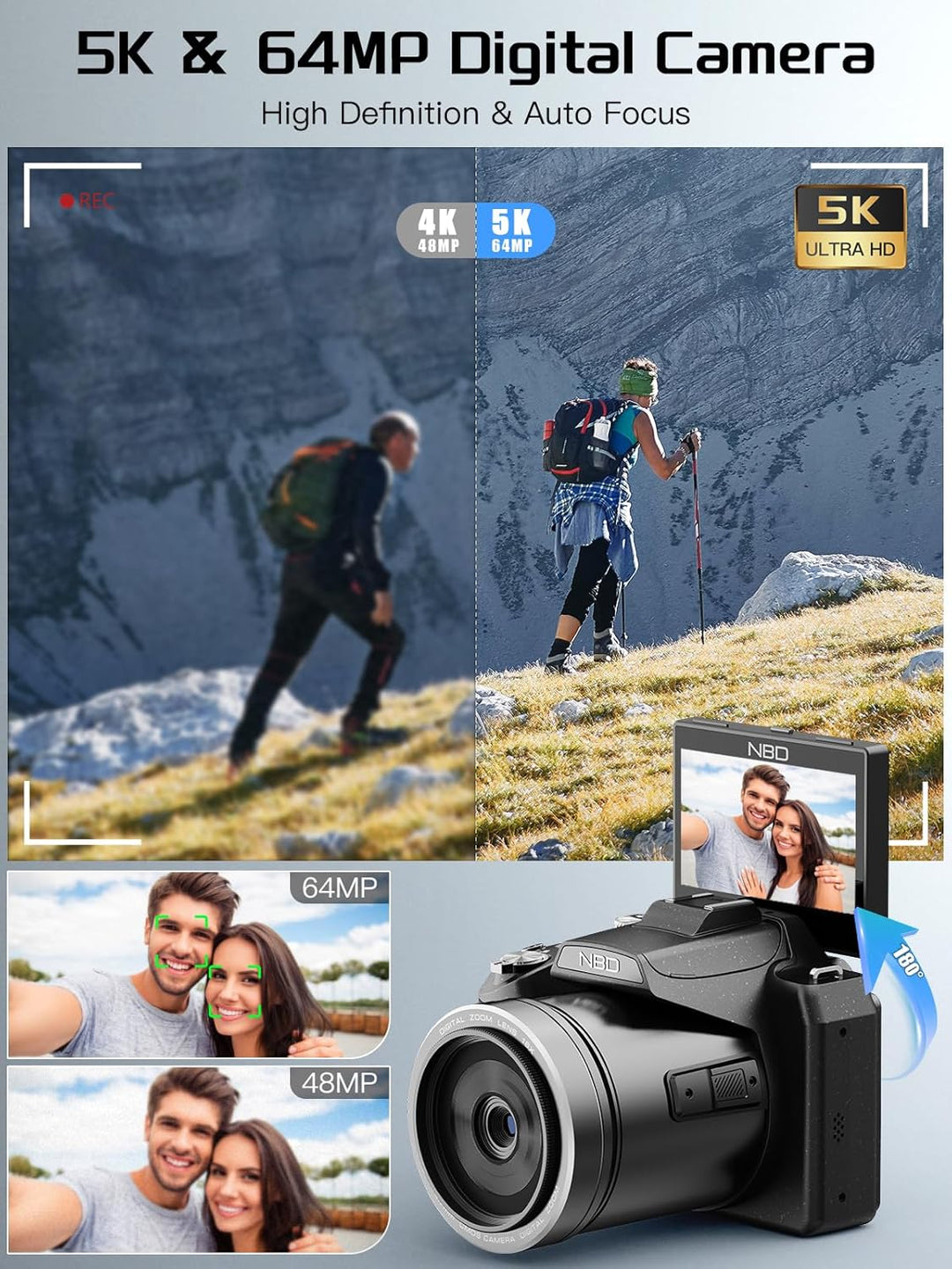 Camera QCY 64MP Digitalkamera Fotokamera und Video, 5K Vlog Kamera mit 3'' Flip Screen, 16X Digitalz