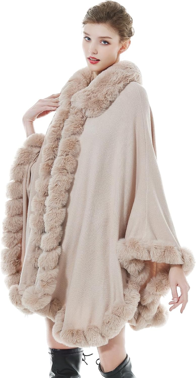 BEAUTELICATE Kunstpelz Poncho Cape Strick Damen Winter Kunstfell Stola Schal Cape Cardigan Warm mit