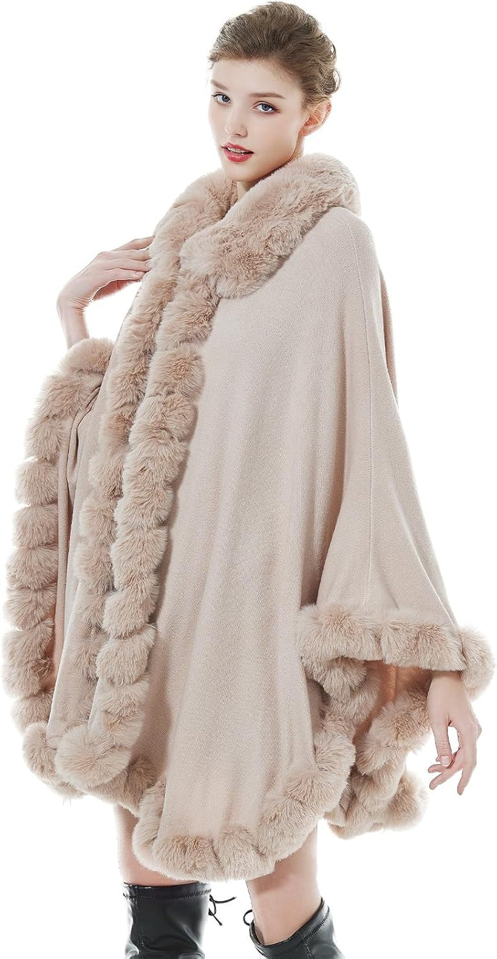 BEAUTELICATE Kunstpelz Poncho Cape Strick Damen Winter Kunstfell Stola Schal Cape Cardigan Warm mit