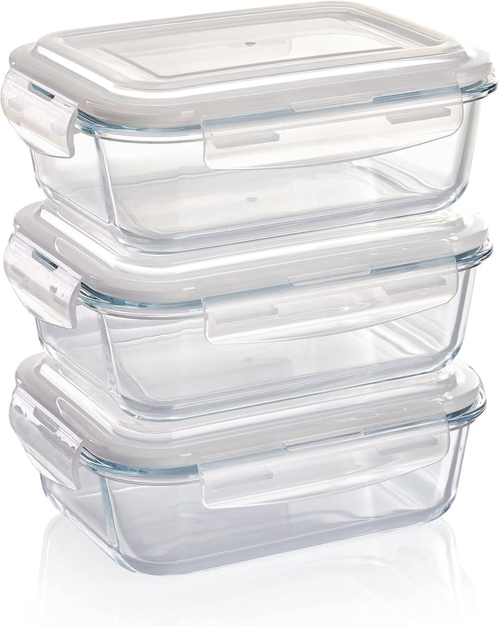 Grizzly Glas Frischhaltedosen, Set 3x 1040 ml, luftdicht, rechteckig, Click-Verschluss, vielseitige