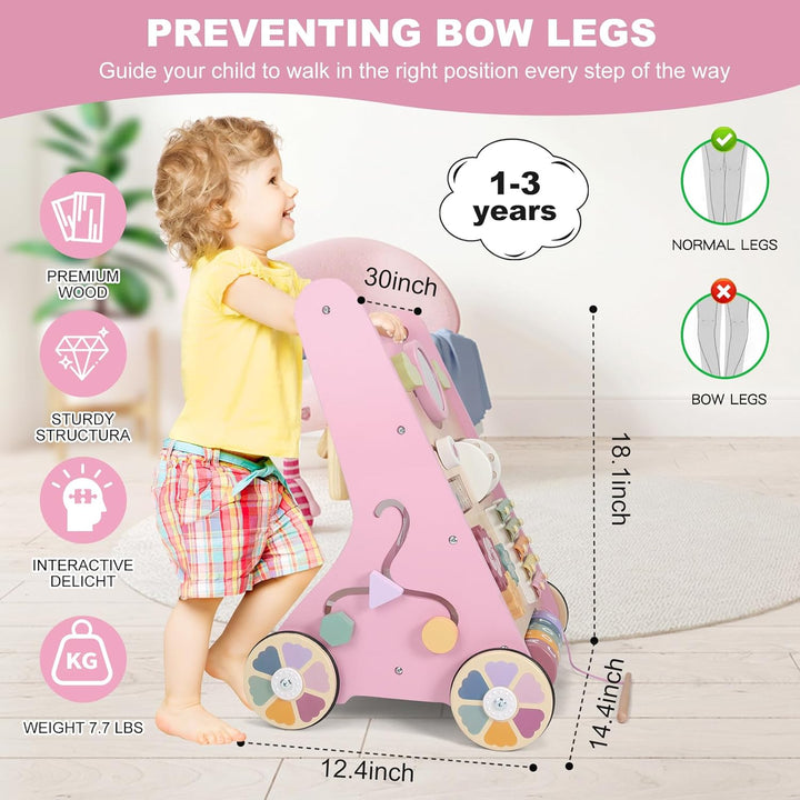 11 in 1 Lauflernhilfe Holz Multifunktion Baby Walker mit gummierten Holzrädern, Kognitive Entwicklun