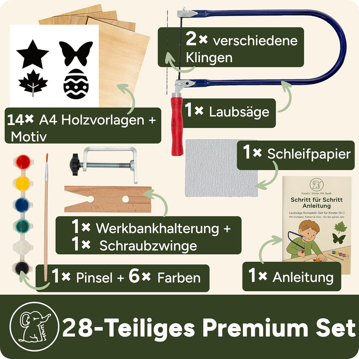 Eli® Laubsäge für Kinder inkl. 14 Sperrholzplatten - Komplett Set für Laubsägen inkl kreative Vorlag