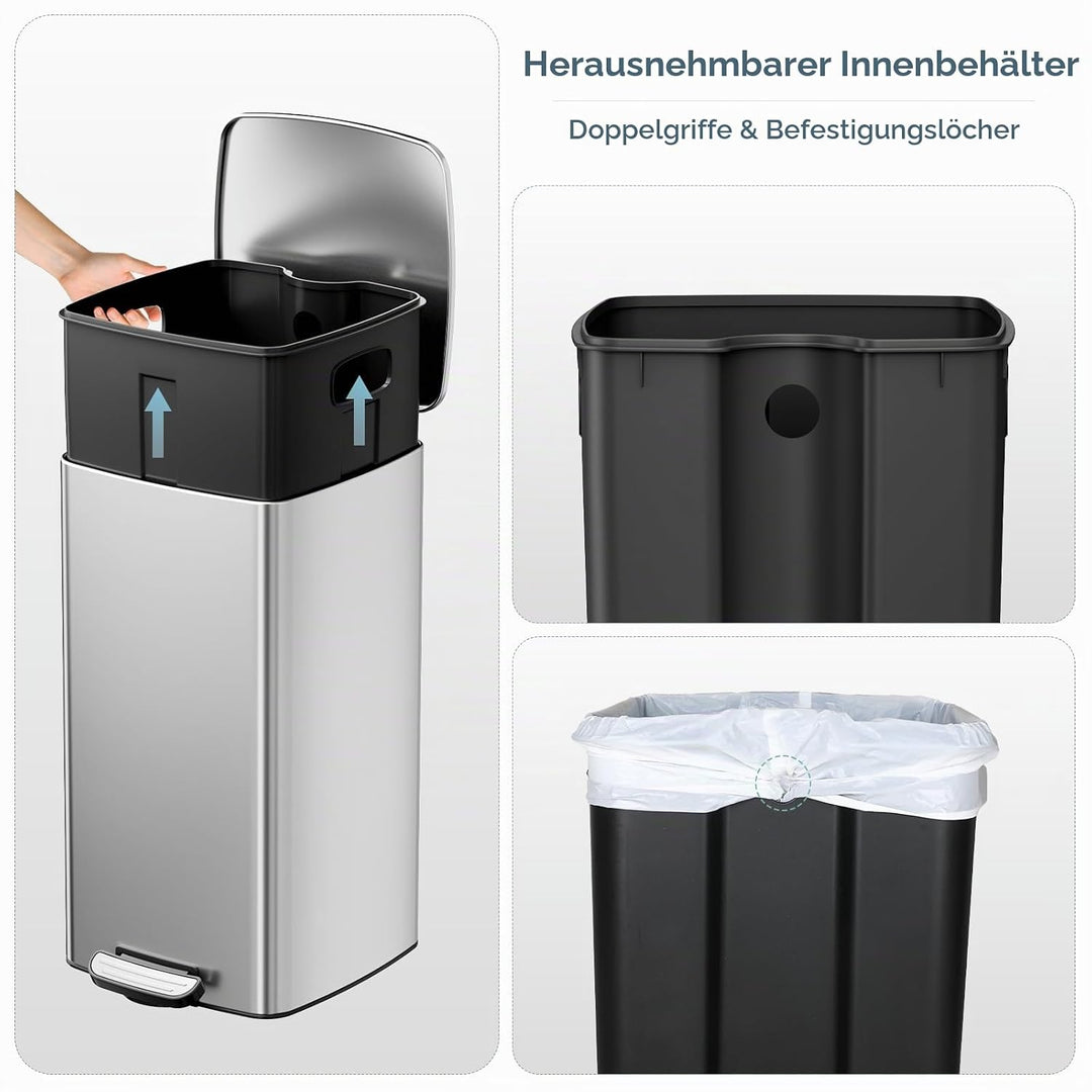 LIFERUN Mülleimer 30L aus Stahl, rechteckiger Abfalleimer mit Soft-Close-Deckel, Pedal und Inneneime