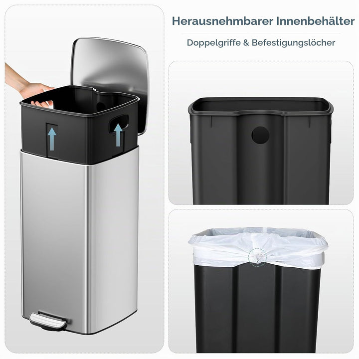 LIFERUN Mülleimer 30L aus Stahl, rechteckiger Abfalleimer mit Soft-Close-Deckel, Pedal und Inneneime