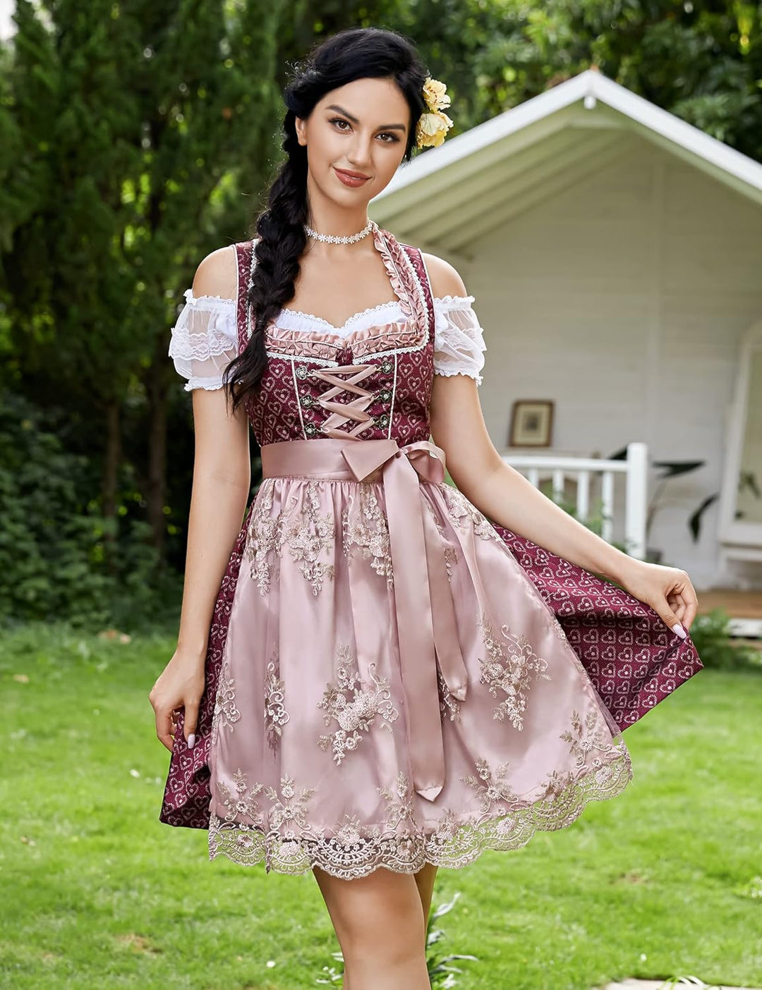 KOJOOIN Trachtenkleid Dirndl Kurz Damen Midi für Oktoberfest 3tlg.- DREI Teilig: Kleid, Bluse, Schür
