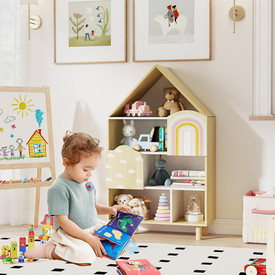 COSTWAY Kinderregal in Hausform, Bücherregal Kinder mit 2 Türen &amp; massiven Holzbeine, 4 Ebenen Spiel