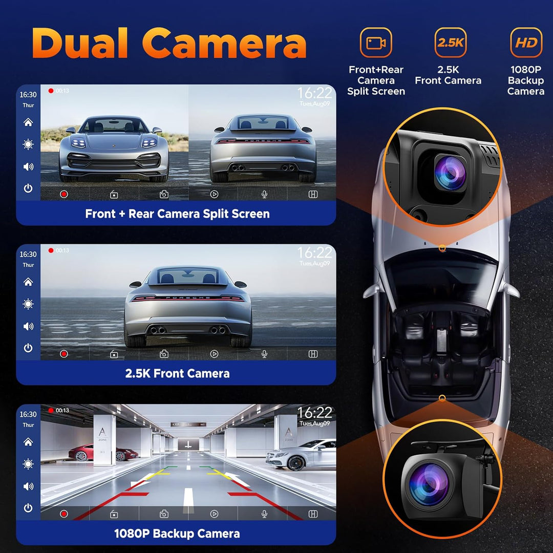 Volam 9.26 Zoll Carplay Display mit 2.5K Dashcam Auto Vorne,1080P Rückfahrkamera, Wireless A-pple Ca
