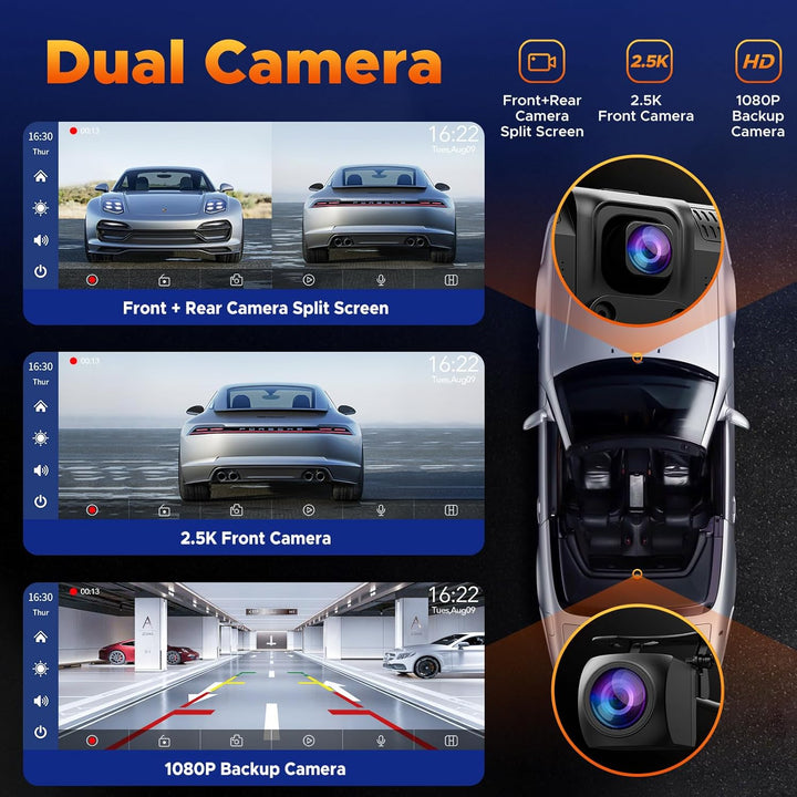 Volam 9.26 Zoll Carplay Display mit 2.5K Dashcam Auto Vorne,1080P Rückfahrkamera, Wireless A-pple Ca