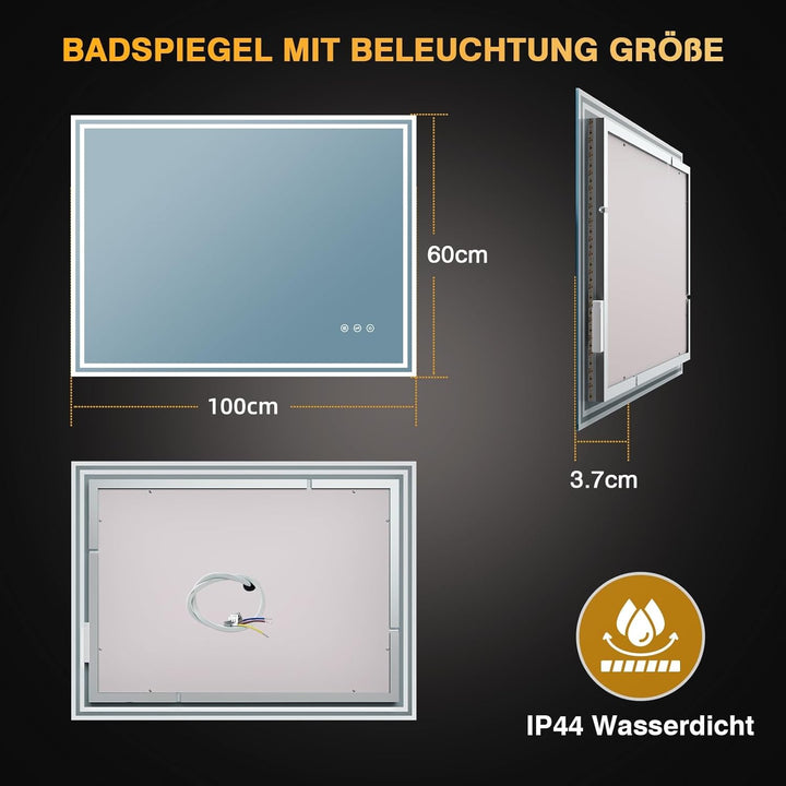 LED Badspiegel mit Beleuchtung, Beleuchteter Badezimmerspiegel mit 3 Lichtfarben, Dimmbar, Anti-Besc