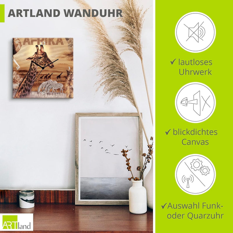 ARTLAND Wanduhr ohne Tickgeräusche Leinwand Funkuhr 30x30 cm Quadratisch Lautlos Afrika Giraffe Zebr