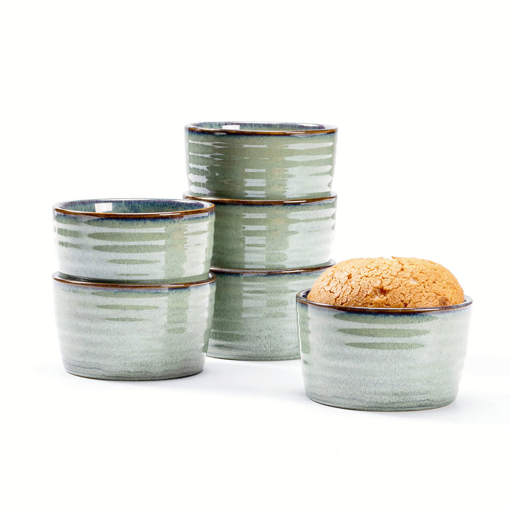 Souffle Förmchen, Porzellan Schälchen Grün für 6 Personen - Mini Auflaufform Reaktive Glasur Grün, D