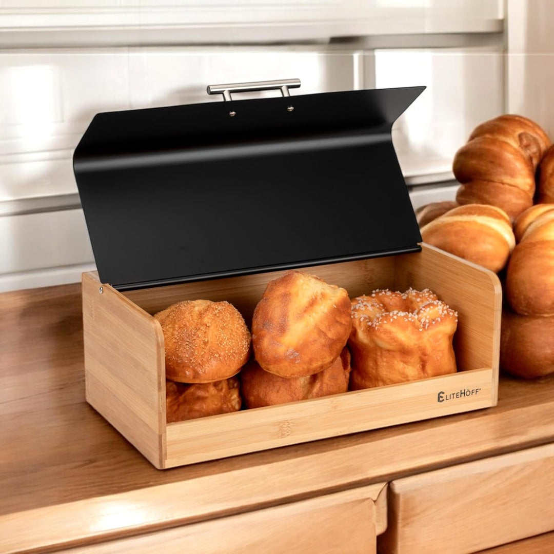 EliteHoff Brotkasten Bambus Metall, Brotbox Rechteckig ca. 36 x 20 x 14 cm, Brotbox mit Klappdeckel,