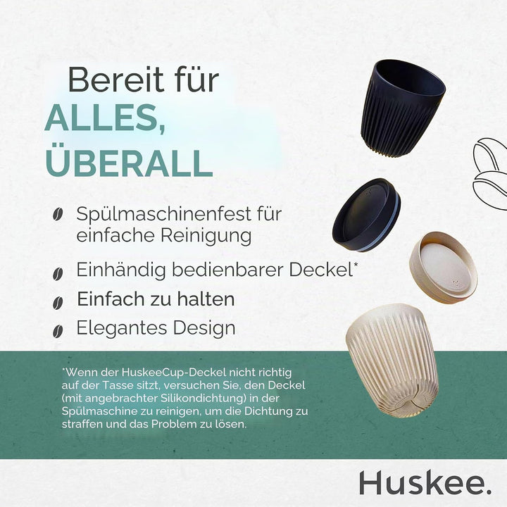 Huskee Cup &amp; LID Charcoal | Wiederverwendbare Kaffee &amp; Tee-Becher aus Kaffee-Schalen Schwarz 2 Stück