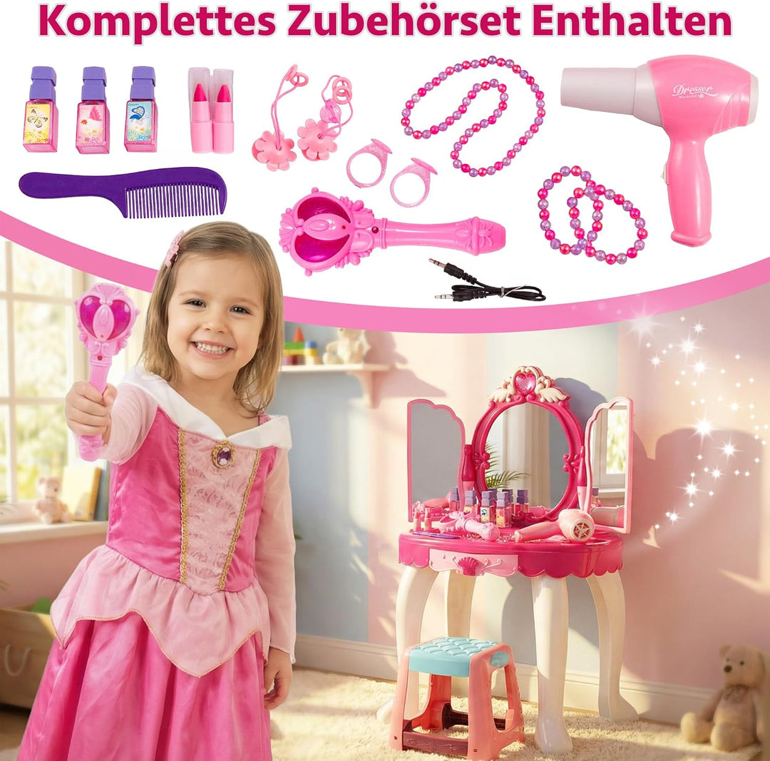Kinderplay Rosa Schminktisch Kinder mit Zauberstäbchen - Haartrockner funktioniert wie EIN echter |