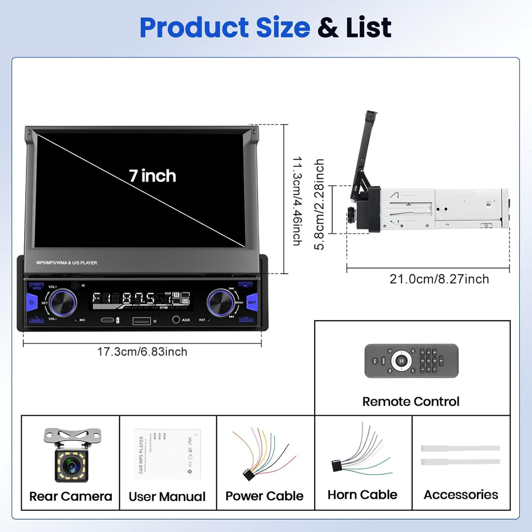 Hikity 1 Din Autoradio mit 7” IPS Manuell Einziehbarer Touchscreen Wireless Carplay Andriod Auto FM