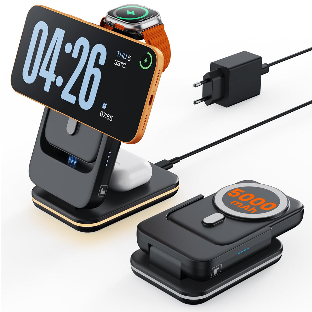 GEEKERA 3-in-1 Faltbare Magnetische Ladestation: 2026 Upgrade herausnehmbare 5000mAh Powerbank, indu