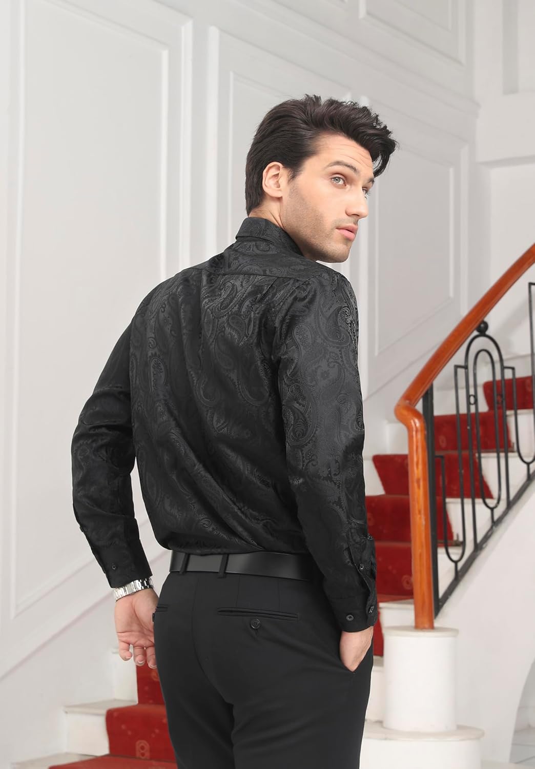 HISDERN Herren Paisley Hemd Langarm Satin Blumen Muster Hemd für Männer Jacquard Stickerei Freizeith