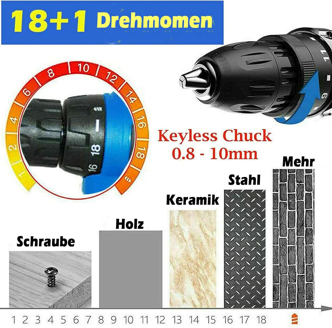 21V Akkuschrauber Bohrschrauber 45Nm Akkubohrer mit 2 X Li-Ion 1.5Ah Akku, Schlagbohrschraube, 2-Gan