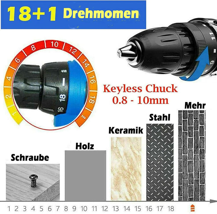 21V Akkuschrauber Bohrschrauber 45Nm Akkubohrer mit 2 X Li-Ion 1.5Ah Akku, Schlagbohrschraube, 2-Gan