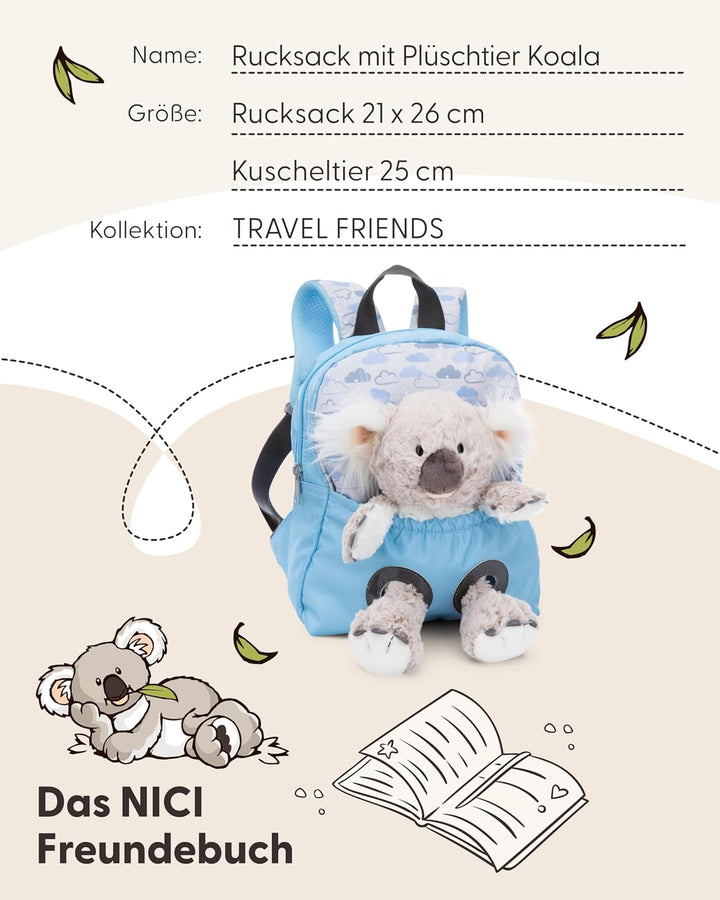 NICI Kinderrucksack blau 2 in 1 mit Kuscheltier Koala 25cm - Kindergartenrucksack Mädchen & Jungen -