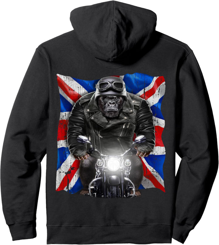 Patriot Gorilla auf einem Motorrad mit Union Jack Pullover Hoodie