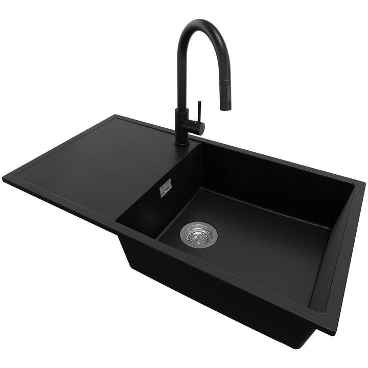 Granitspüle Schwarz 90x50 cm, Spülbecken 1 Becken XL + Ablauf-Set + Küchenarmatur 9050, Küchenspüle