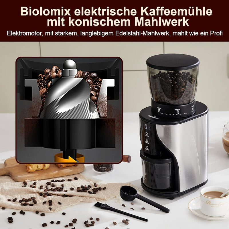 Biolomix Kaffeemühle Elektrisch, Elektrische Kegelmühlen mit 31 Mahleinstellungen, Kegelmahlwerk, fü