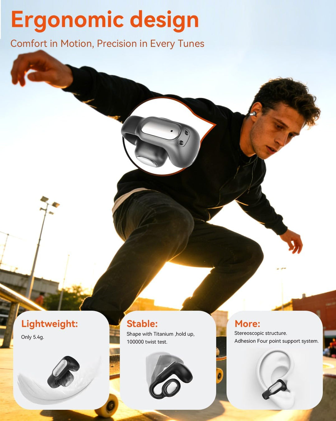 ANSTEN Open Ear Kopfhörer Bluetooth 5.4, Clip on Kopfhörer mit ENC HD-Noise Cancelling für Anrufe, I