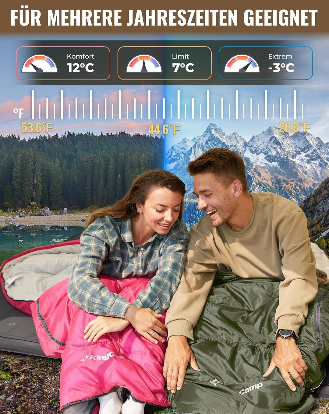 KingCamp Schlafsack für Erwachsene, kaltes Wetter & warm, XL, grosse und hohe Flanell-Schlafsäcke mi