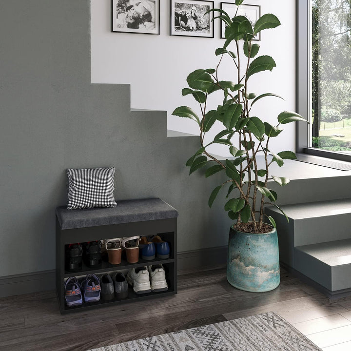 KOMTO Schuhbank mit Sitzfläche - Schuhregal Bank mit Stauraum Schwarz 60 x 48 x 32 cm Kleiner Schuhs