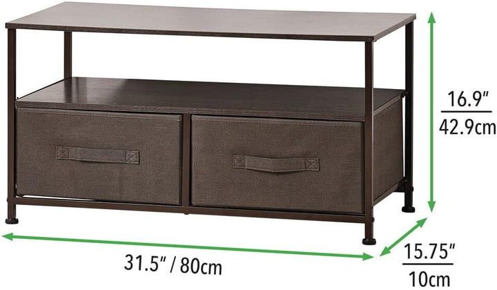 mDesign TV Board mit Ordnungsboxen – schmaler Fernsehtisch mit Ablage und 2 Stoffkörben – modernes T