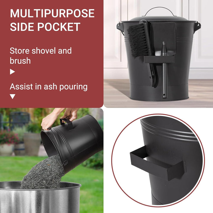 Todeco Ascheeimer Metall 24 L mit Deckel, Schaufel & Bürste, Hitzebeständiger, Holzgriff, Für Kamin,