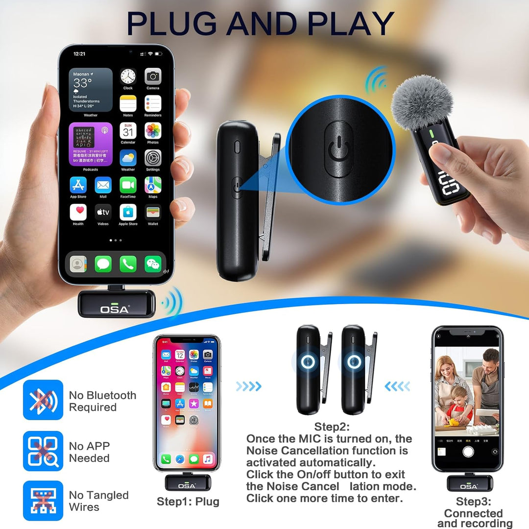 OSA Lavalier Mikrofon für Telefon mit Ladehülle und Transmitter Digitalanzeige - 2er Set, für iPhone
