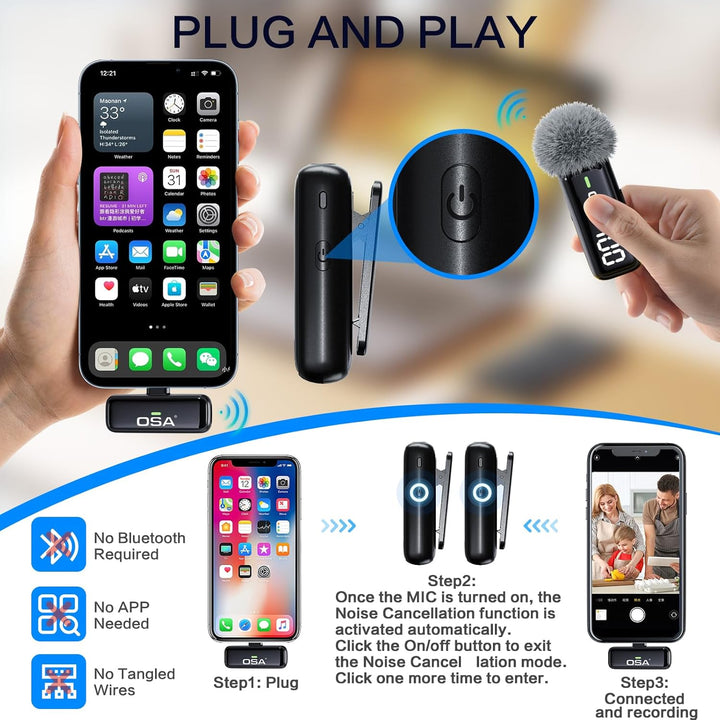 OSA Lavalier Mikrofon für Telefon mit Ladehülle und Transmitter Digitalanzeige - 2er Set, für iPhone