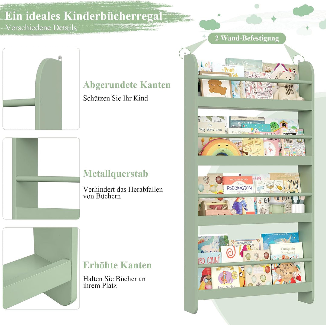FOREHILL Bücherregal Kinder, Wandregal mit 4 Ablagen, Kinderregal für Bücher Spielzeug, Hängeregal D