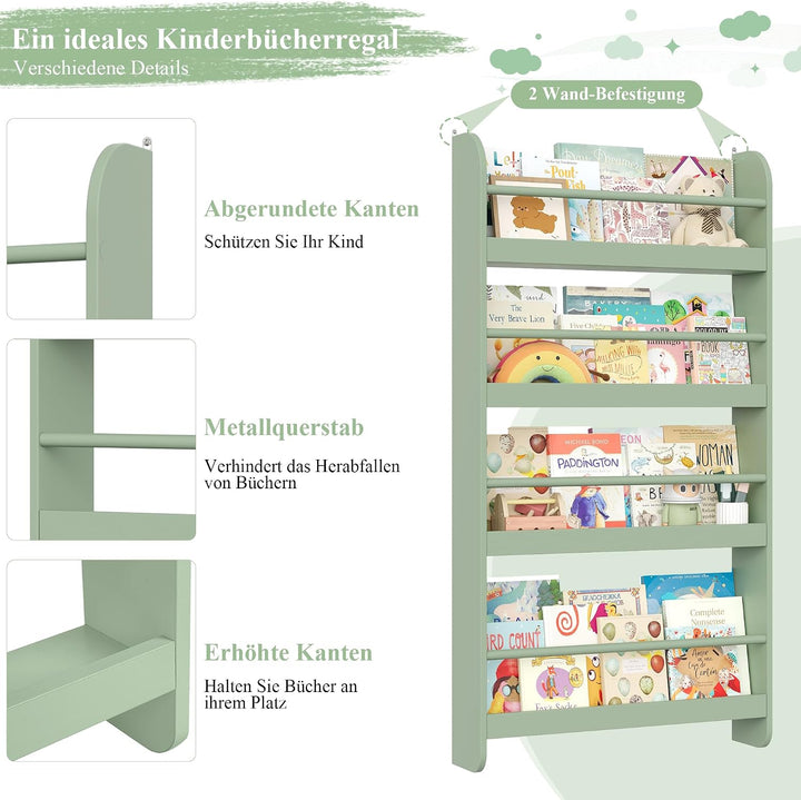 FOREHILL Bücherregal Kinder, Wandregal mit 4 Ablagen, Kinderregal für Bücher Spielzeug, Hängeregal D