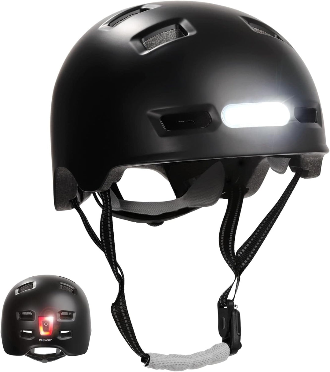 Crazy Safety Vertigo Matt Schwarz Fahrradhelm mit Vorder- und Rücklicht USB | Skater-Helm für Roller