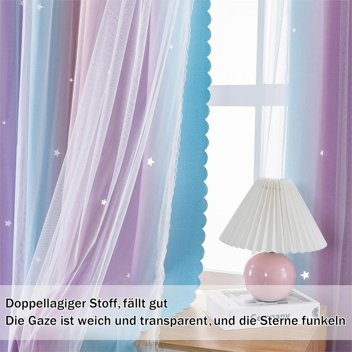 Freyamy Gardinen Lila Blau Weiss Glänzend Sterne Vorhänge Blickdicht Kinderzimmer Halbtransparent H
