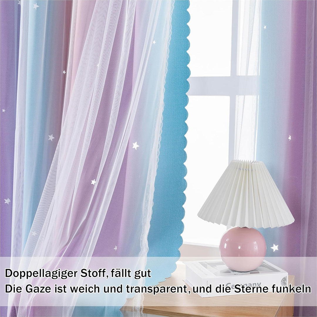Freyamy Gardinen Lila Blau Weiss Glänzend Sterne Vorhänge Blickdicht Kinderzimmer Halbtransparent H