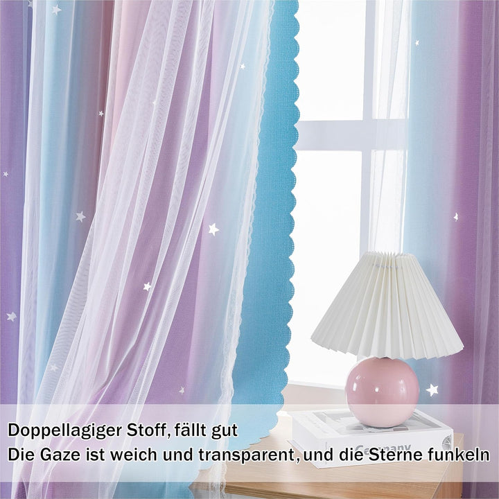 Freyamy Gardinen Lila Blau Weiss Glänzend Sterne Vorhänge Blickdicht Kinderzimmer Halbtransparent H